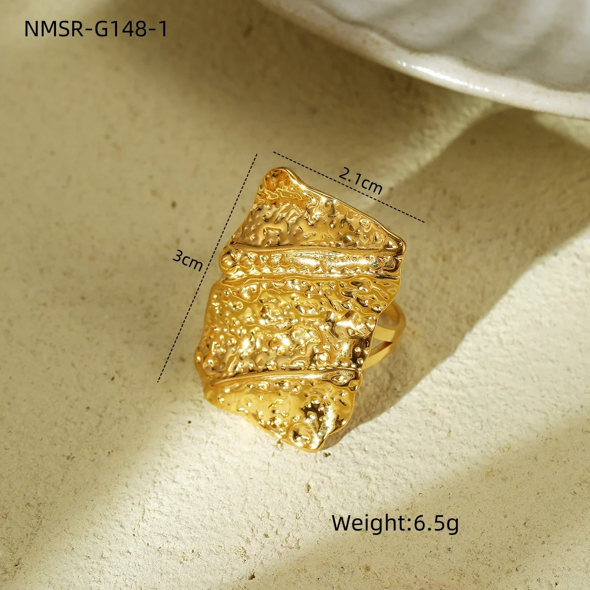 Chunky Irregular Geometric Hammered Lava Wrinkle Texture Rings  Womens Adjustable Opening Rings Stainless Steel 18K Gold Plated