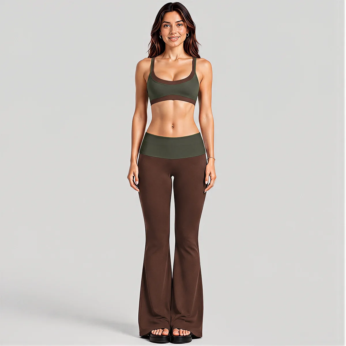 Contrast Color Yoga Bra and Flared Pants Set Double Layer Two Piece Activewear with Foldover Waistband — detail