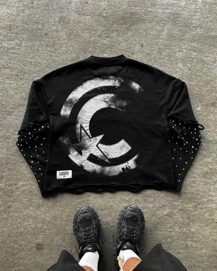 Customizable Heavyweight Oversized Acid Wash Double Layer Long Sleeve T-Shirt Men Salati Patch Stitch Rhinestone Fitted Print gallery 2