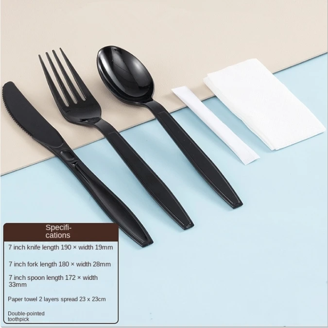 Werkseigene Sonderanfertigung mit Premium-Logo – Einwegbesteck-Set aus Kunststoff mit Löffel, Gabel, Messer, Zahnstocher und Papier für Speisegaststätten und Partys