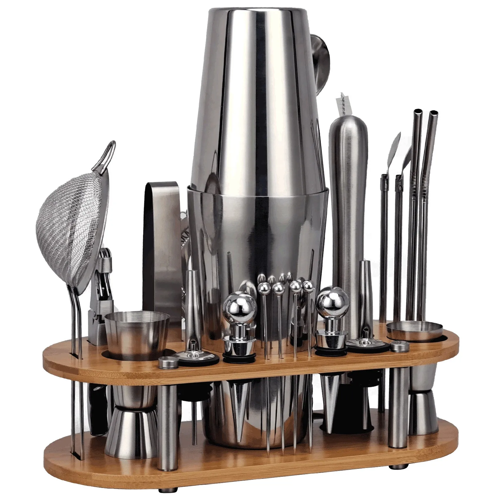 Factory Wholesale 23-Piece Stainless Steel Mixer Cocktail Set New Detachable Oval Bamboo Bar Kit