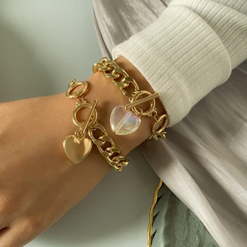 SHIXIN Creative Cuban Link Chain Bracelet Heart Transparent Acrylic Bracelets OT Buckle Gold Silver Jewelry Bracelet for Women