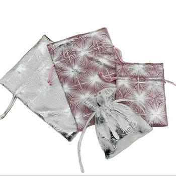 Recyclable Silver Star Flannel Drawstring Jewelry Bag for Weddings Hot Pink with Star Design