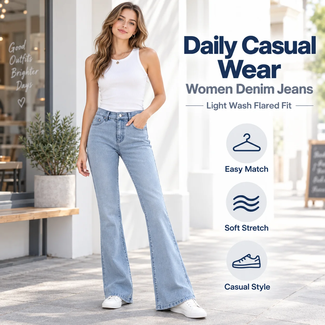 Ladies' High Waisted Jeans Casual Versatile Pants, Straight Leg Comfortable and Breathable