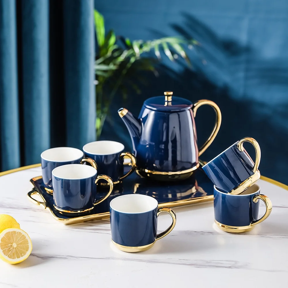 Wholesale Blue Ceramic Tea Set with 6 Cups & Gold Rim, Gift Boxed