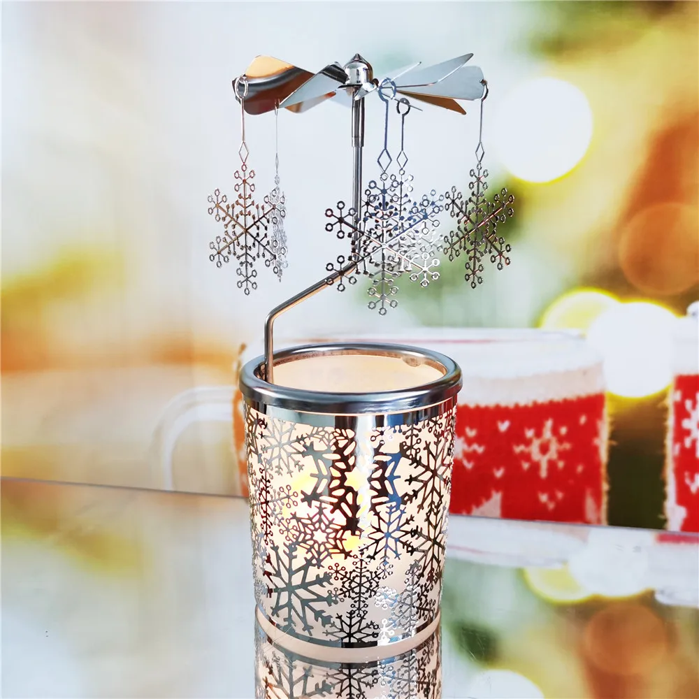 Silver Snowflake Rotating Christmas Carousel Candle Holder Metal Tea Light Holders Rotary Candle Holder for Home Decor