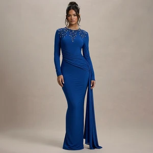 ZYHT 73943 Gemstone Beading Shinny Fabric Dark Blue Long Sleeve Scarf Lace Bodycon Pencil Maxi Evening Party Club Dress