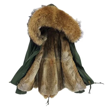 Drop Shipping Fleece Lining Real Raccoon Fur Collar Winter Warm Women Coat Real Fur Parka