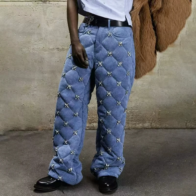 Wholesale Light Blue Cotton Padded Double Layer Quilted Rhinestone Warm Baggy Wide Leg High Waist Y2K Winter Men Denim Jeans