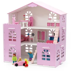 New Wooden Castle House Pretend Play Set Includes Mini Cot Stairs Wardrobe Doll House Furniture Toy for Girls Boys