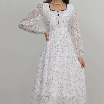 Elegant Ladies' A-Line Dress with Polka Dot Print Button Detail Square Neck and Long Sleeves Fashionable Formal Style