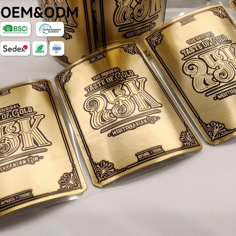 Custom 3D Embossed Gold Metal Nameplates - Luxury Vintage Gin Bottle Labels