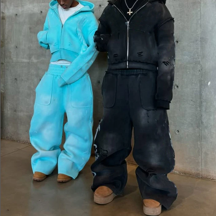 Streetwear Custom Printed Oversize Heavyweight Baggy Acid Wash Zip up Sweatpants and Hoodie Set Sweatsuit Tracksuit Men supplier