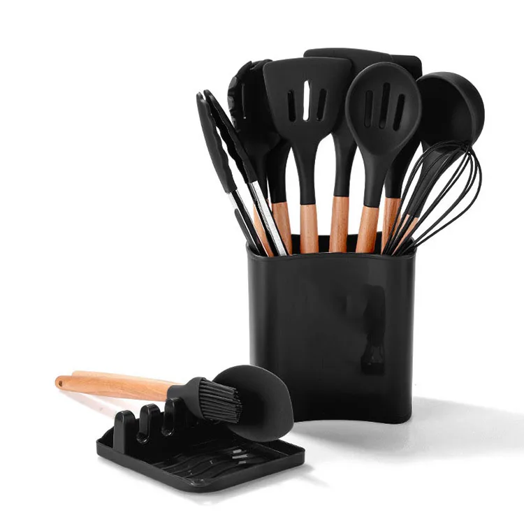 Popular Design Nonstick Rainbow Kitchen Wood Accessories Holders 12 Pcs Silicone Cooking Kitchen Utensils Set for Countertop