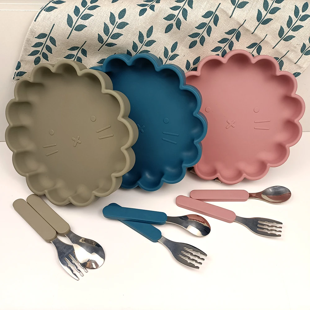 Baby Silicone Plate With Cutlery Set Feeding Tableware Bowl Silica Gel Dishes Kids Training Eat