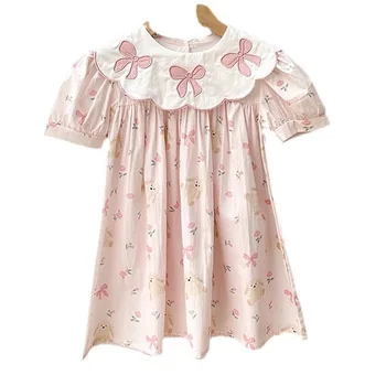 baby girl dresses Bow embroidered floral collar dress kids summer Summer 2024 bear print short sleeves toddler dress floral