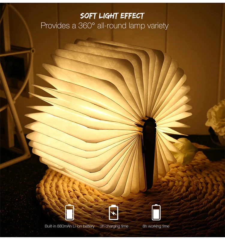 LED Portable Book Shape USB Rechargeable Night Light Creative 3D Magnetic Folding Decorative Gift Book Light