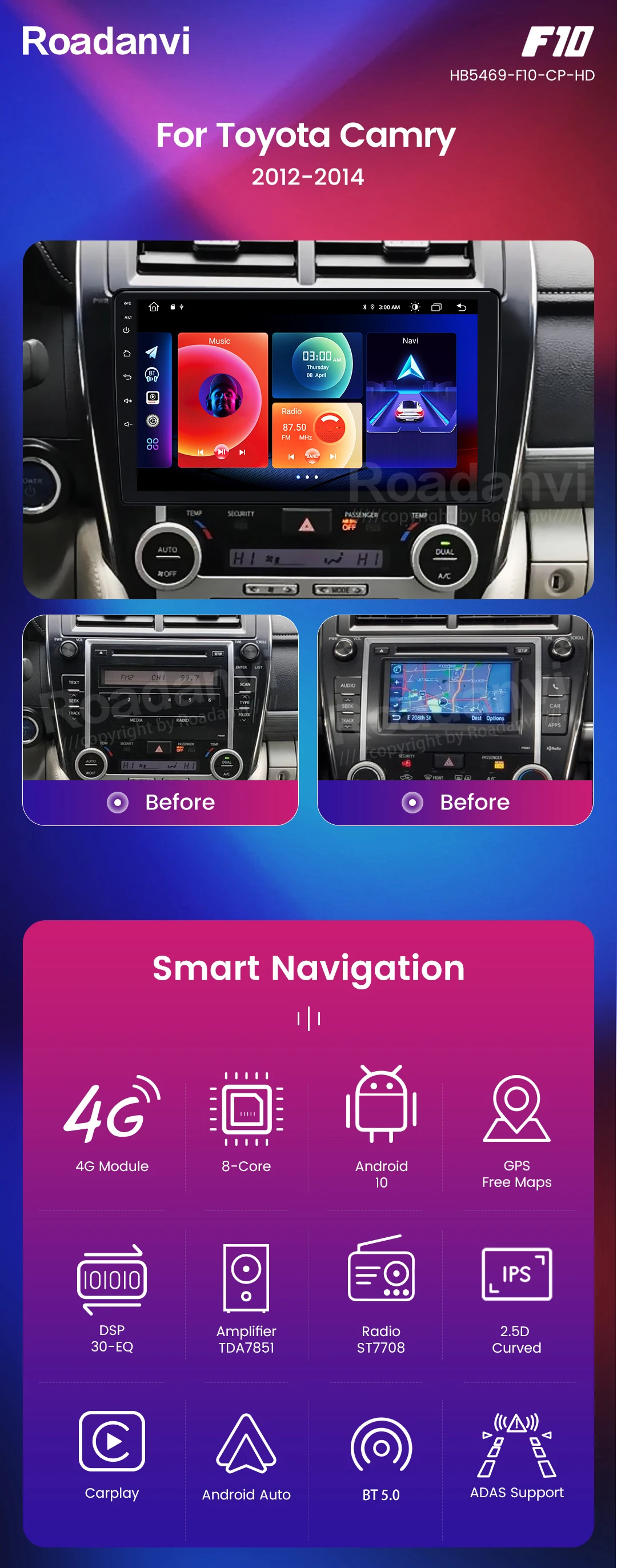 Roadanvi F10 For Single Din Universal Car Radio 10.2 inch Android Auto