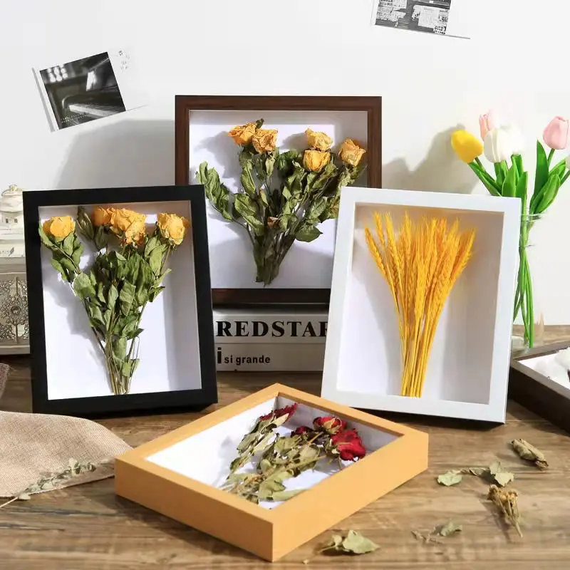 3d Effect Dried Flowers Shadow Box Frames With Glass Black White Walnut Wood Art Picture Photo