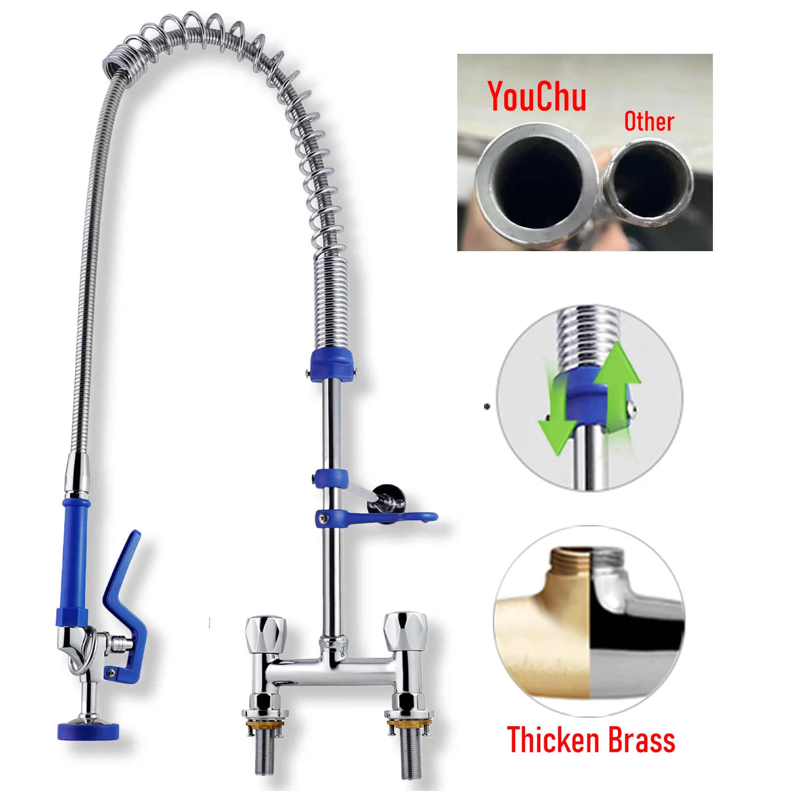 Commercial Kitchen Faucet with Classic Style Dual Hole Brass and SUS304 Pull Sprayer and Spring Mixer 2 Function Sink Faucet details