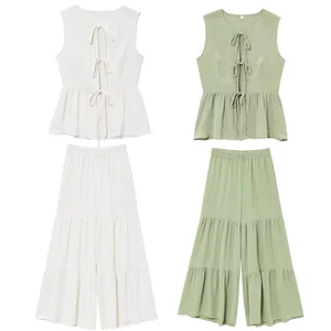 Women's Sleeveless Summer Daily Wear Streetwear Woven Solid Color Wide Leg Pants Lace-up Belt 2-Piece Set