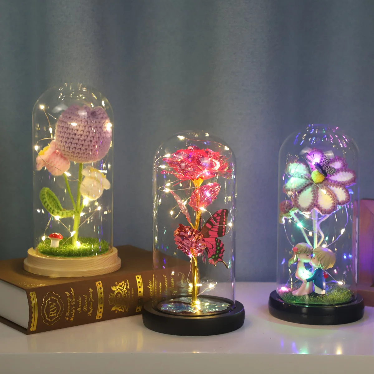 Hot Selling LED Eternal Preserved Light Rose Crochet Flower LED Rose in Glass Dome