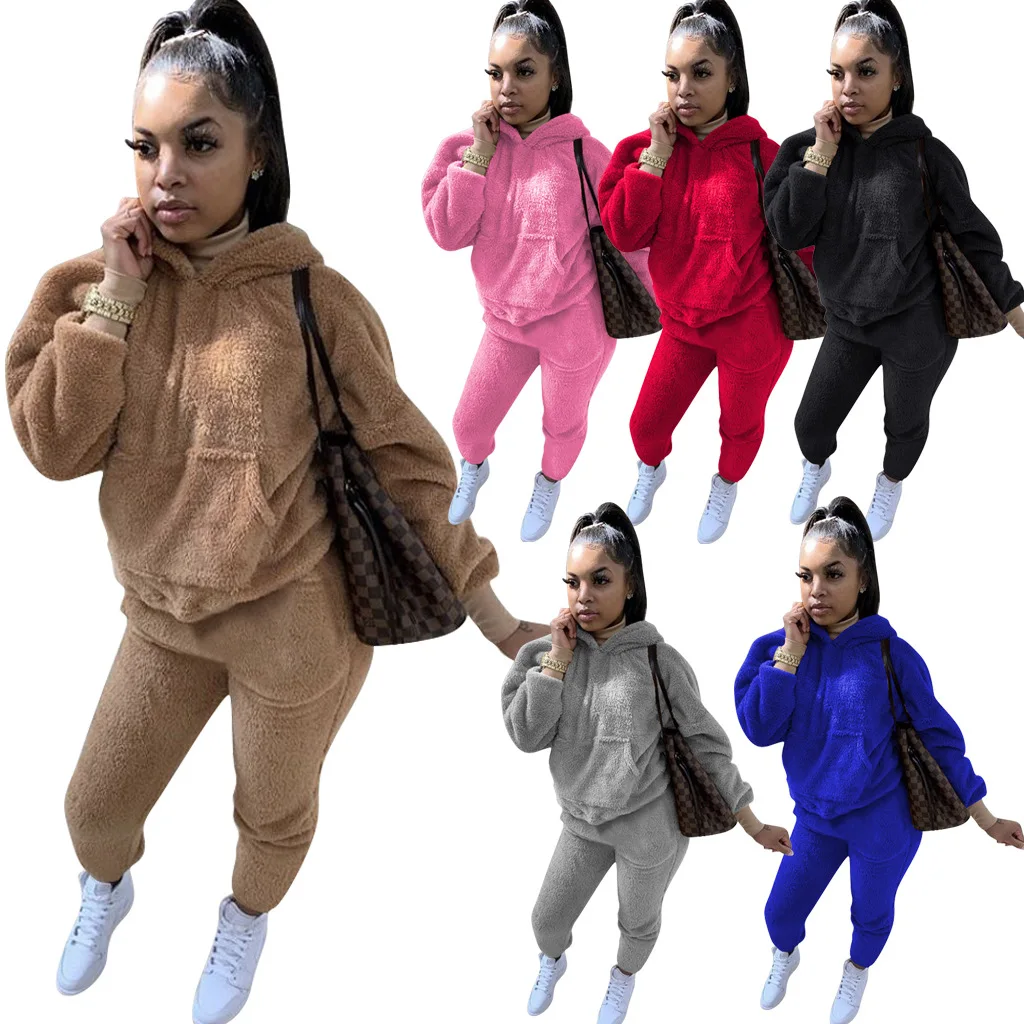 2021 Warm Fluffy Thick Sweatsuit Teddy Cute Fuzzy Hoodie Two Piece Set Matching Set Plus Size Fall Clothing Women Winter Outfits