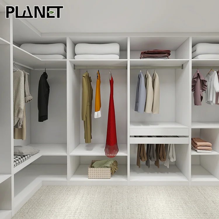 U Shaped Luxury Walk in Storage Built in Wardrobe Baby Wood Organizer  Closet for Clothes With Mirror - Main Image