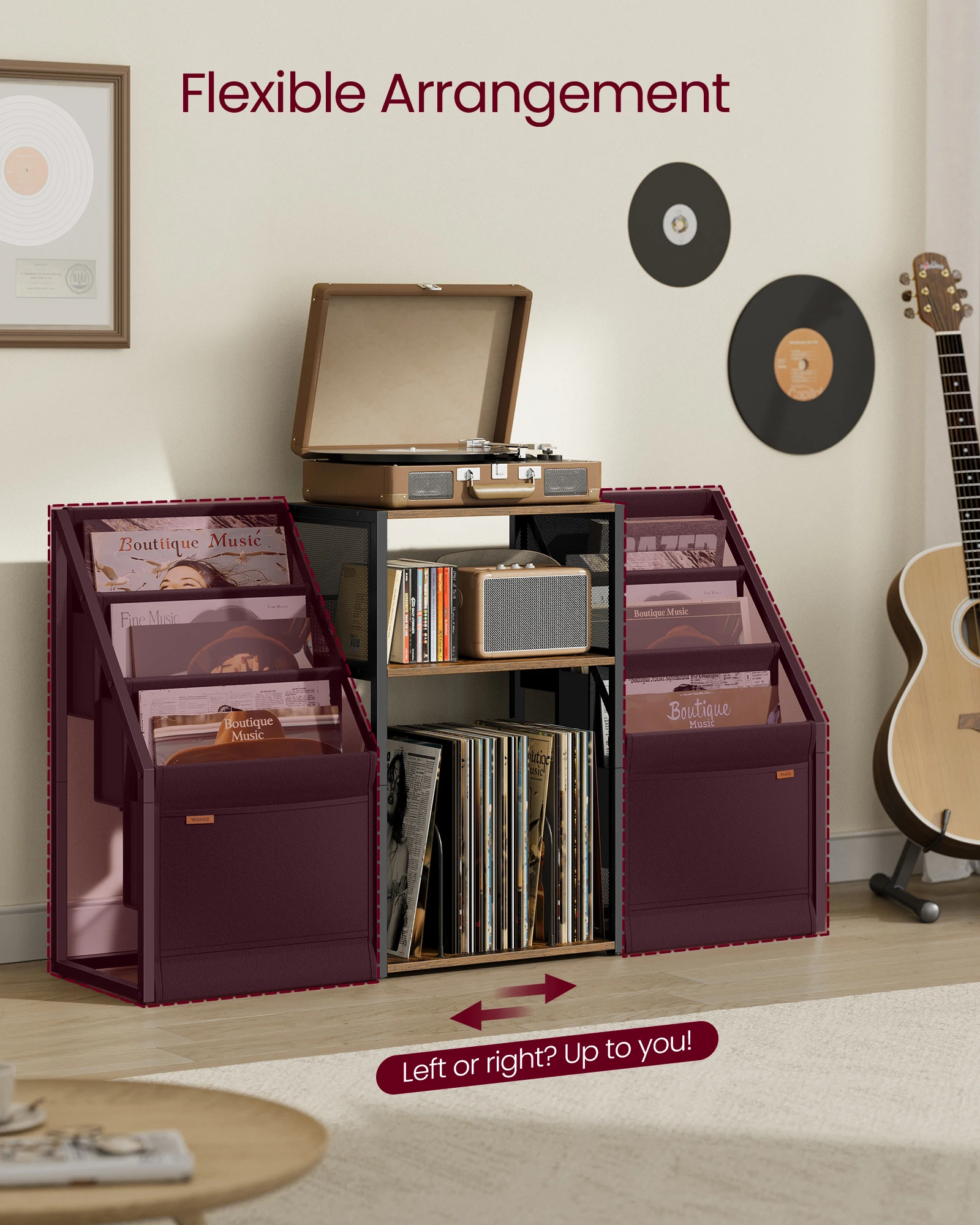 VASAGLE Wood Record Player Stand with Vinyl Record Storage 3-Tier Record Player Stand for 140 Albums
