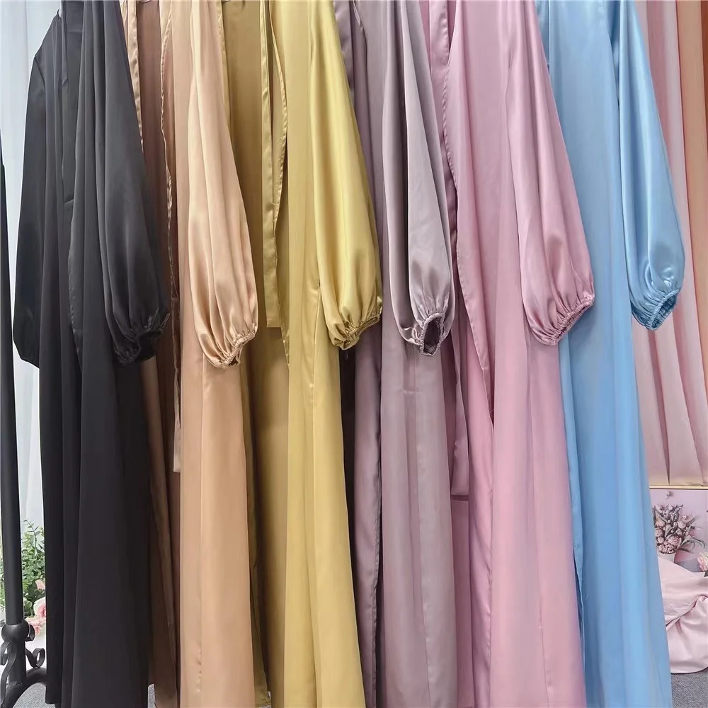 Satin Open Abaya Kimono Turkey Bubble Sleeve Abayas for Women Dubai Dress Islamic Clothing Modest Outfits Kaftan