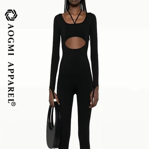 Haute Couture Fashion Women's Activewear Front Back Hollow Square Collar Spandex/Cotton Jumpsuit with Butt-Lifting Tummy Control