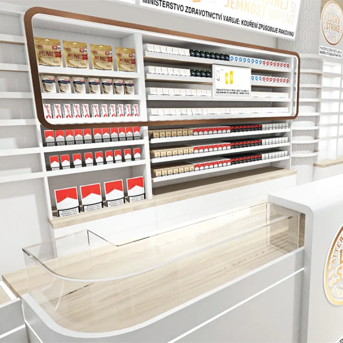 stoving tobacco White Simple Style Tobacco Shop Wooden Shelves Wooden White Stoving Varnish  Cigarette Display Counters for Smoke Shop Decoration