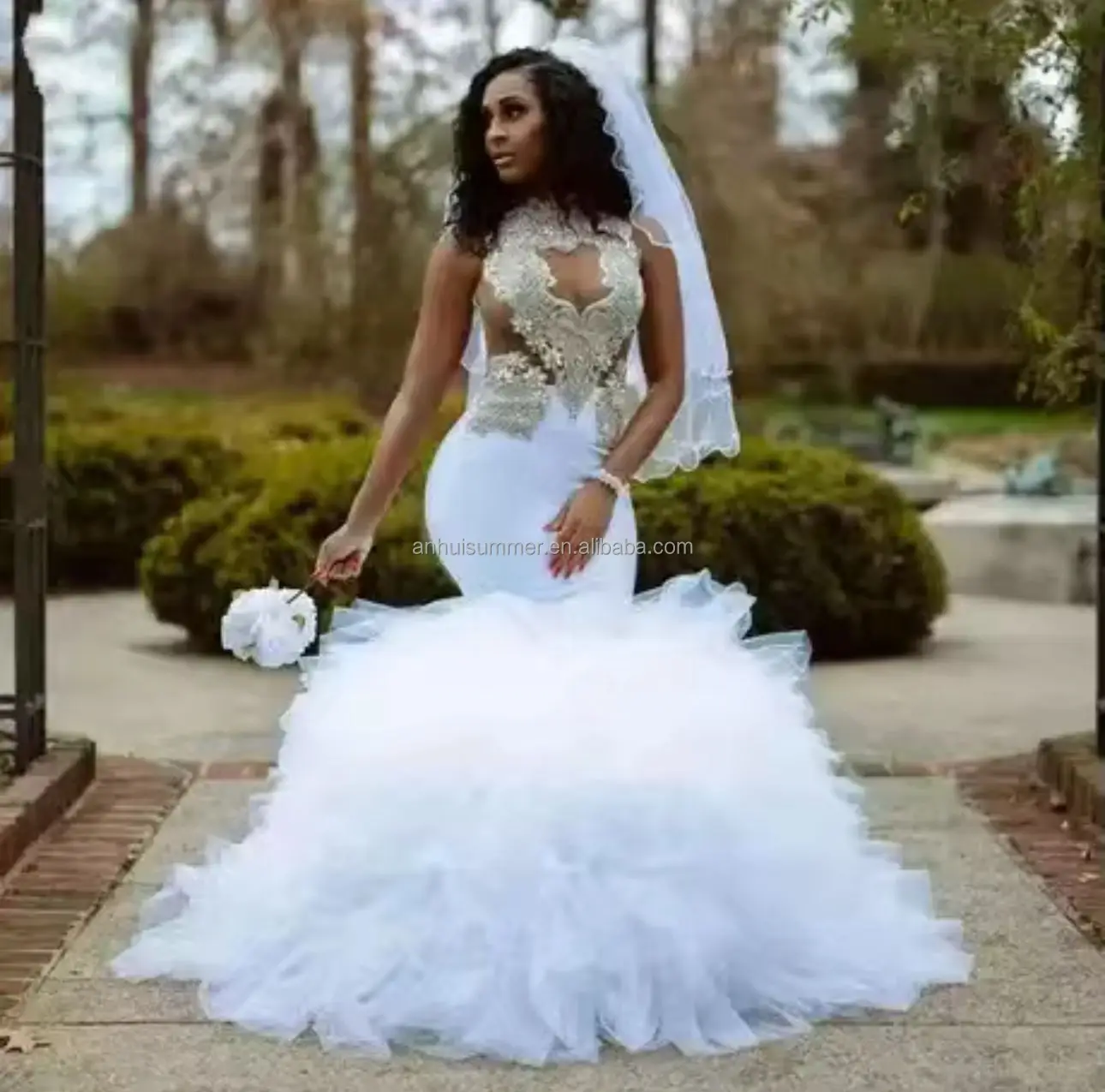 S0502F New Arrival African Mermaid Wedding Dress Ruffled Wedding Gown Sexy  Plus Size Wedding Dress