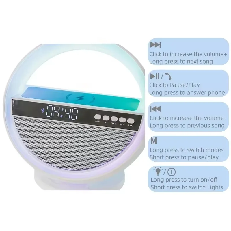 The Most Popular Modern Design BT Speaker Night Light Wireless Charger 10W Alarm LED Lamp Table O Shape Digital LED Clock