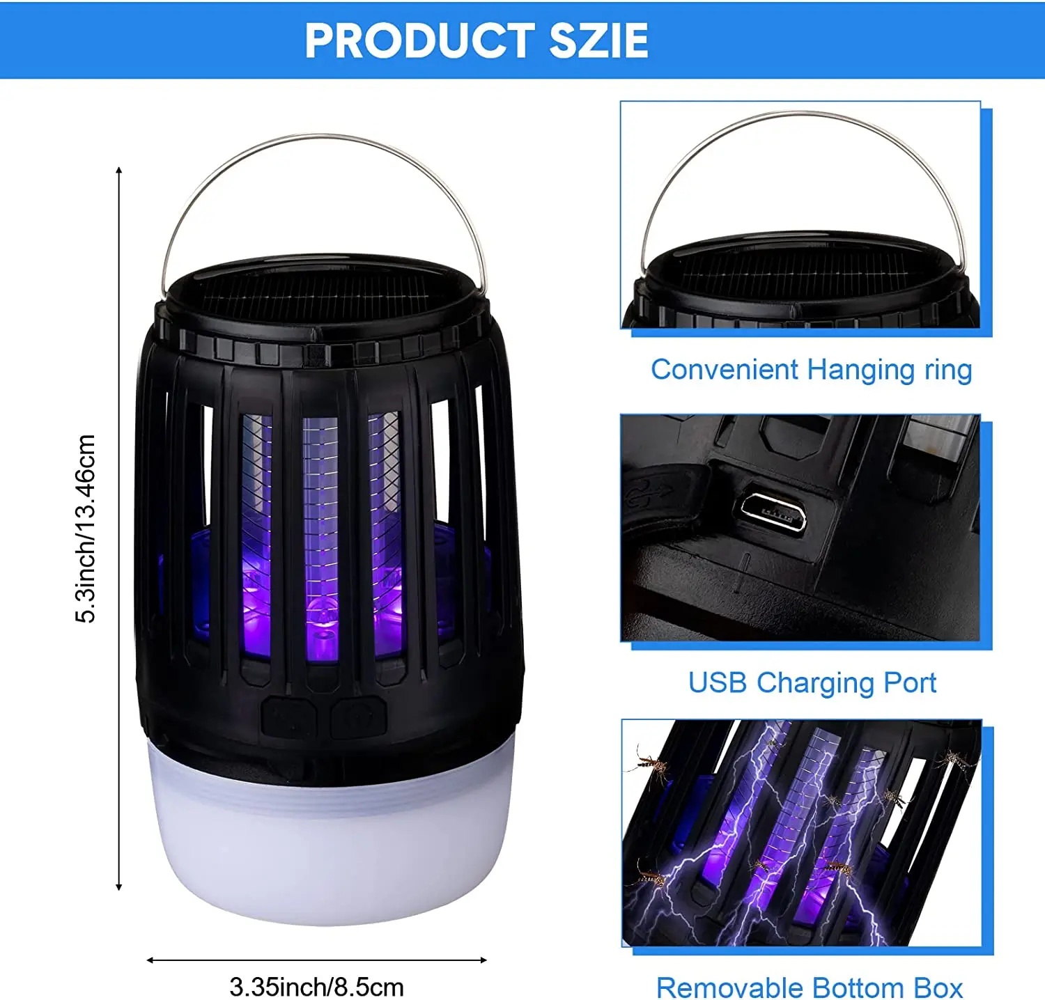 SJZ 3 in 1 Outdoor Solar uv led light USB Rechargeable bug zapper anti mosquito killer lamps trap outdoor with SOS light details