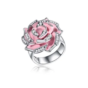 Keiyue Women's 925 Sterling Silver Enamel Rose Flower Ring Classic Style Big Jewelry for Wedding and Party