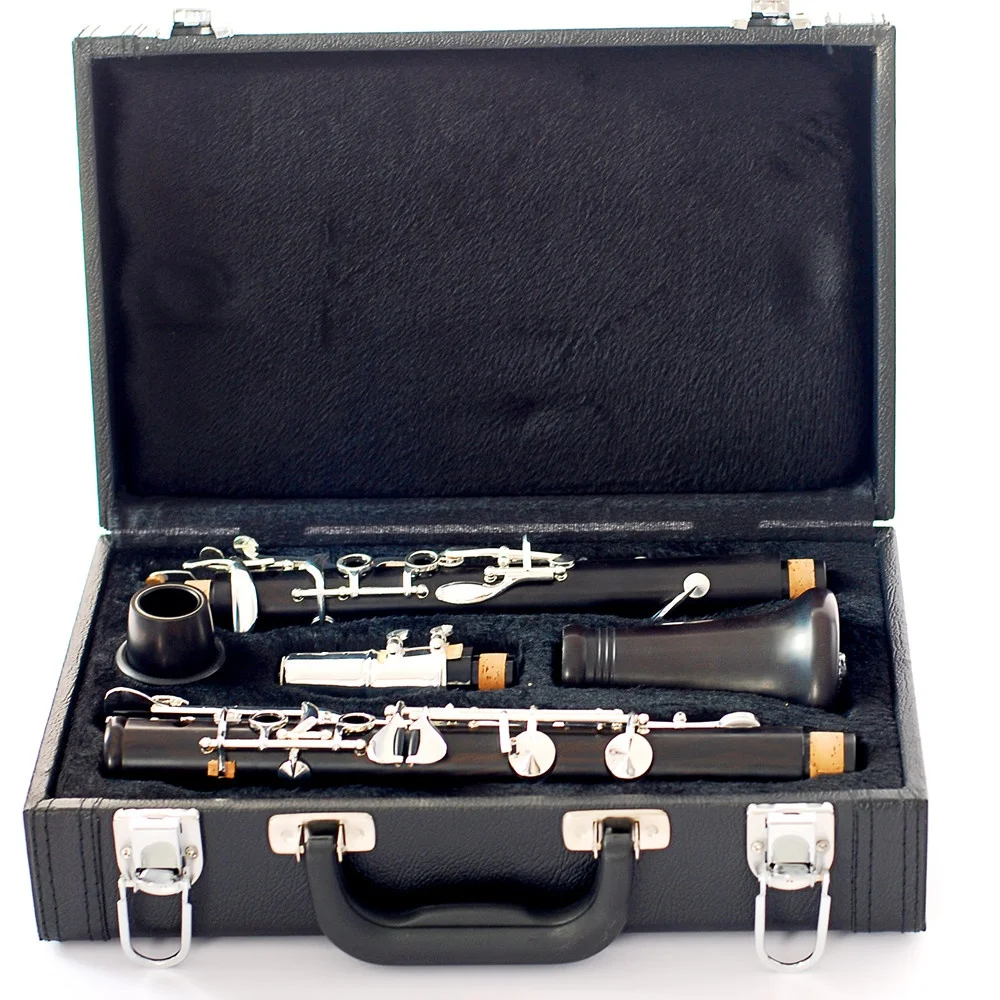 Professional Bb Clarinet Natural Ebony Wood Silver Plated Keys Case Accessories
