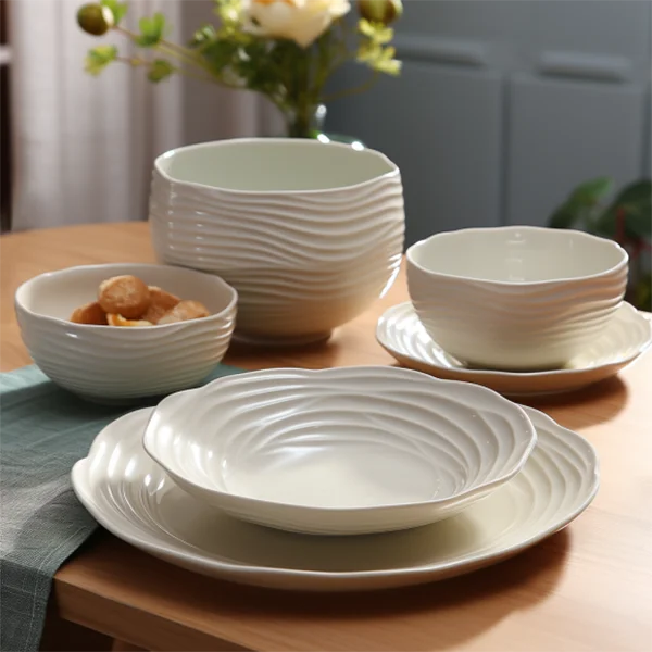 product fenn modern nordic design round ceramic dinnerware set factory made with embossed design includes dinner plates and coffee mugs-46