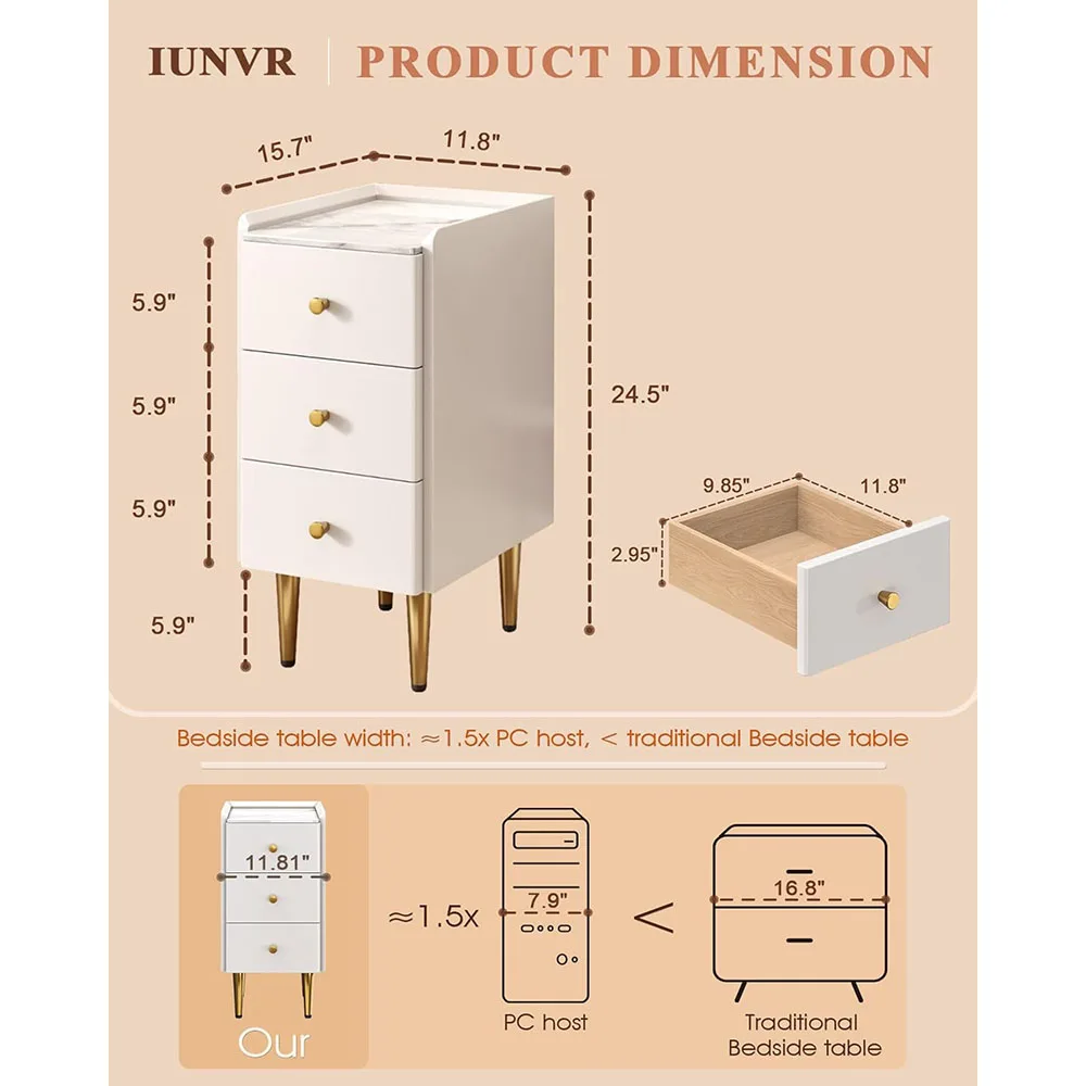 Modern Minimalist 3-Drawer Narrow Nightstand Small White Gold Bedside Table for Small Spaces for Bedroom Furniture factory