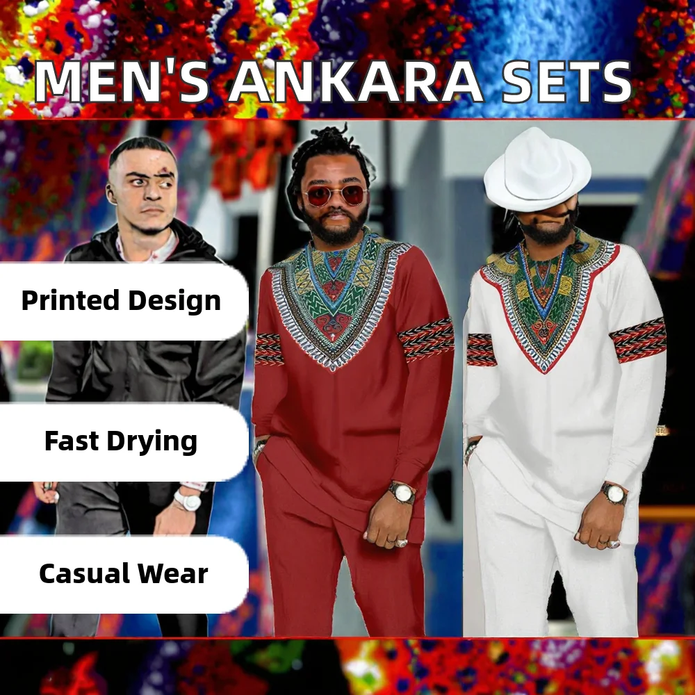 African Traditional Men's Dashiki Outfit - Ankara Tracksuit With Long Sleeve Shirt & Pants (Sizes XS-6XL)