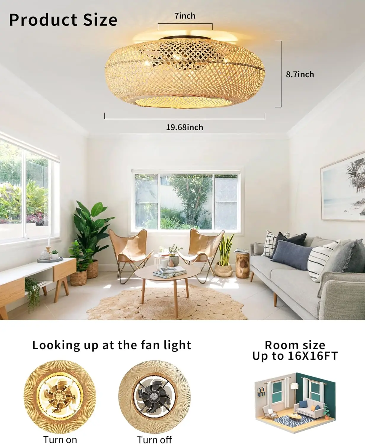 22 Inch Caged Ceiling Fan with Light Flush Mount Rattan Weaving Decorative Home Ceiling Fans With Lights and Remote Control