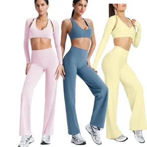 Women's 3PCS Fitness Training Suit Long Sleeve Bra for Outdoor Sports Pilates Yoga Gym Use Chest Pad