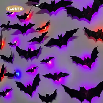 Yachen New Arrival Halloween Bats Decor Different Size Glow in the Dark 3D Paper Bat Stickers for Party Decor DIY Wall Indoor