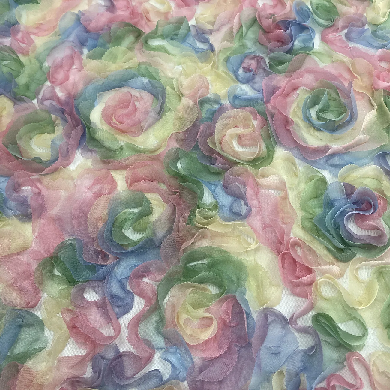 TDS002 New Arrival Gradient 3D Rose Flower Embroidered Tulle Lace Fabric Lightweight 100% Polyester Chiffon for Dresses