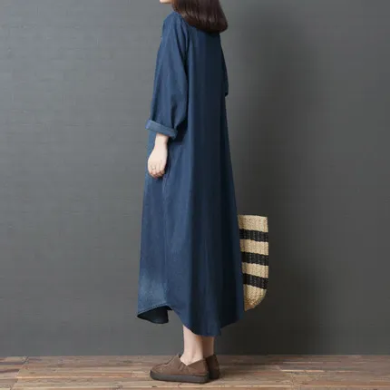 China Cloth Factory Ladies Turn-Down Collar Dresses Women Long Sleeve Plus Size Maxi Denim Dress