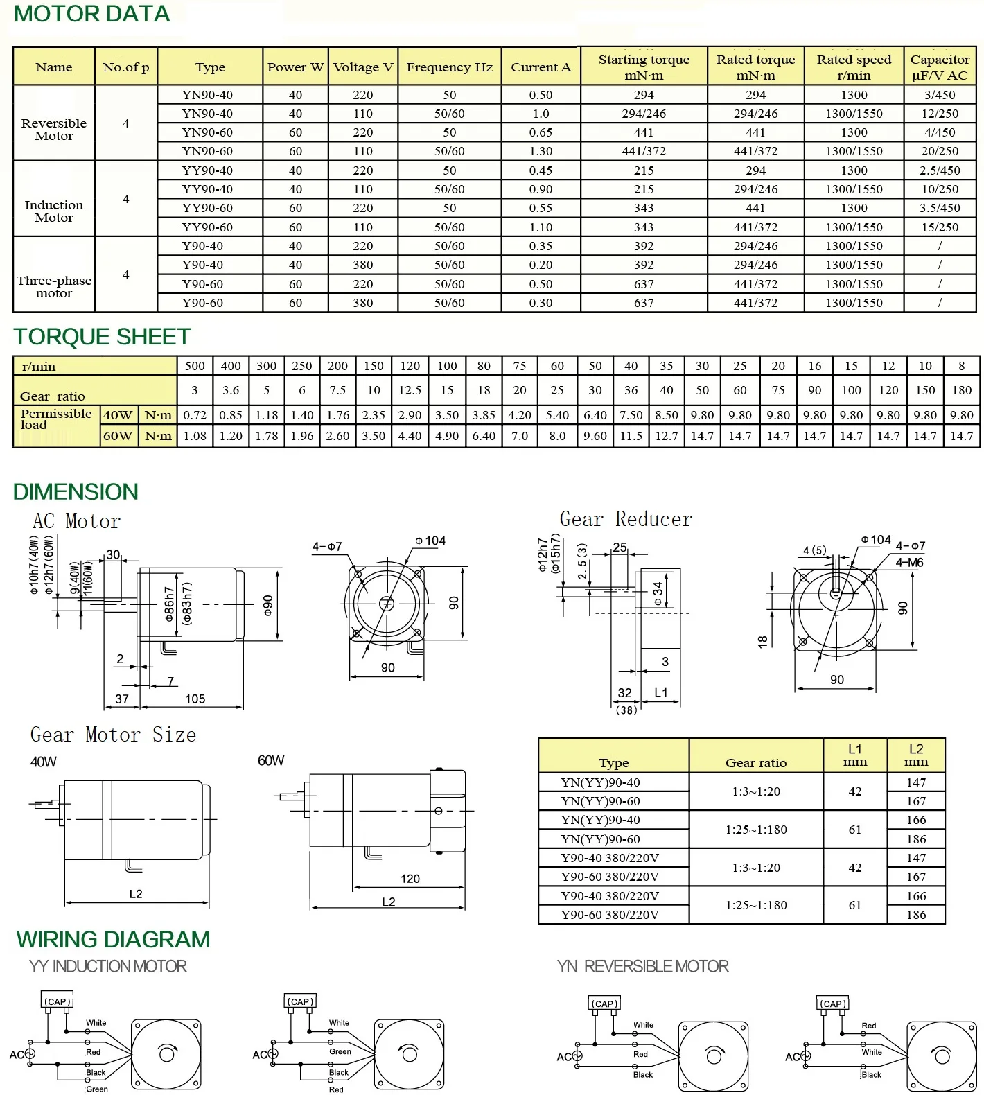 Asynchronous Gear Motor, YN90, 40-60W, 110/220/380V, IP44 - detail 2
