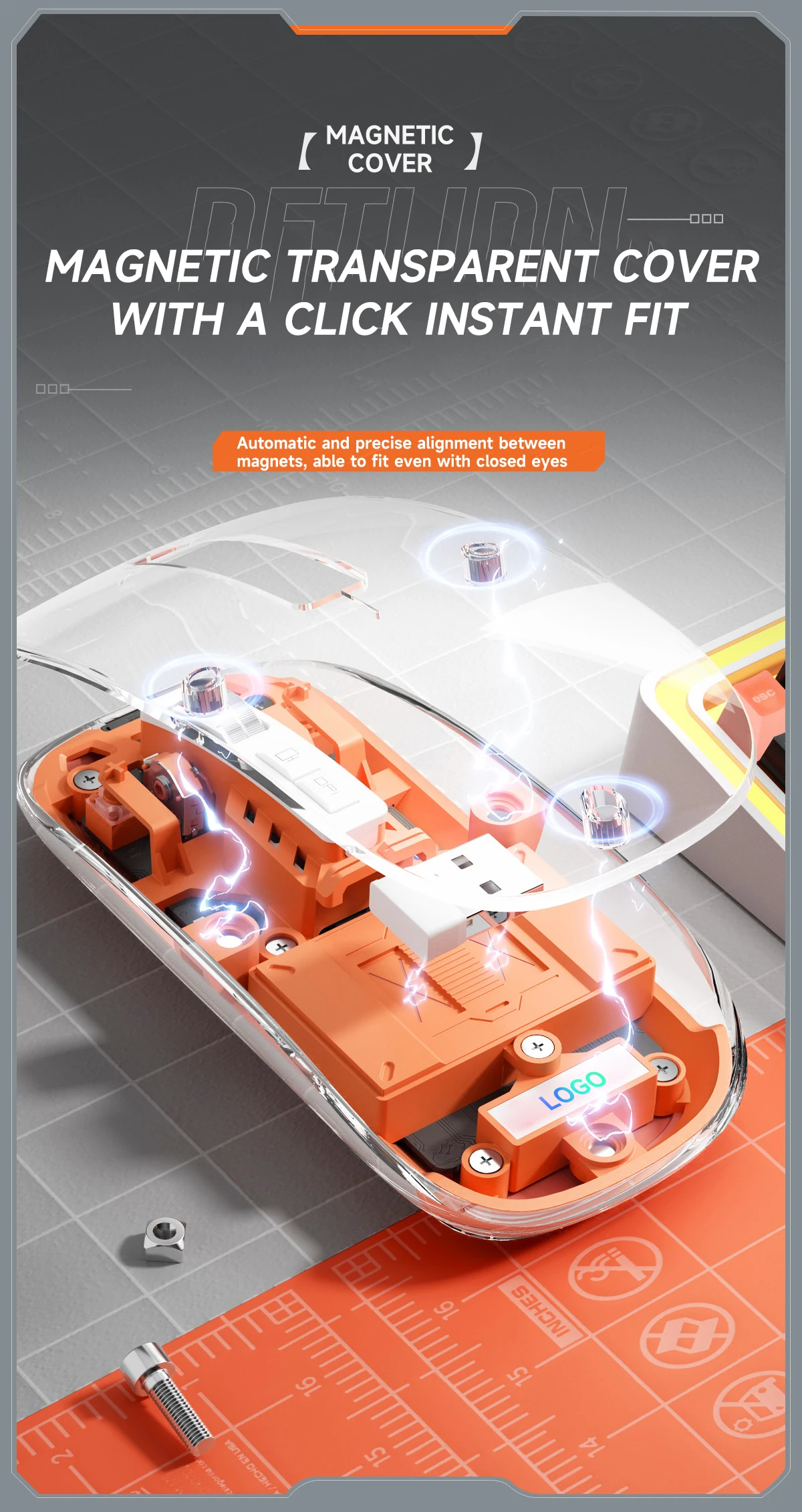 Transparent Magnetic Wireless Bluetooth Three-mode Mouse Charging Silent Mouse Desktop Laptop Universal Wireless Mouse