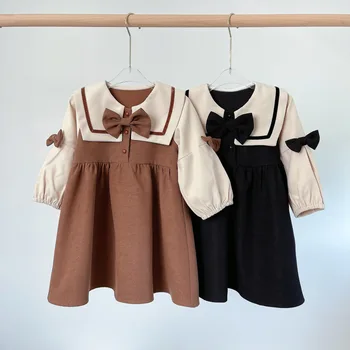 2025 Autumn New Korean Princess Color-blocking Girls' Bow Dress Stylish Baby's Dress