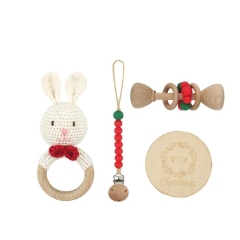 2022 Customized Design Baby Christmas Series Gift Set Silicone pacifier clip Wooden barbell Crochet Bunny silicone toy Gift Set