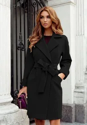 Cappotto Lungo Donna In Lana 100% - Doppiopetto Con Cintura, Colletto Revers, Tasche, Colore Beige, Taglie XS-M, Autunno Inverno
